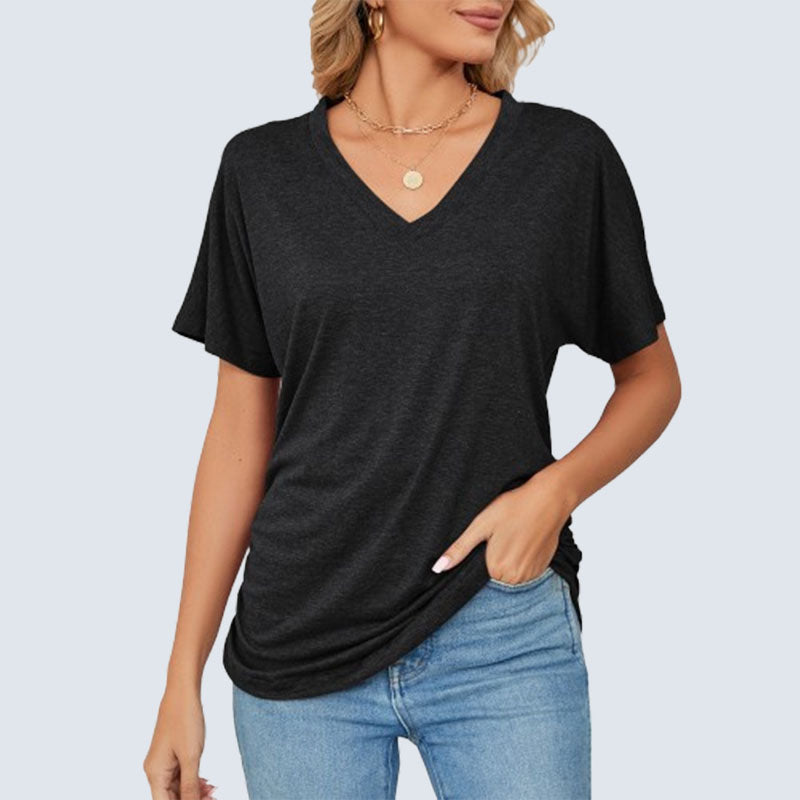 Sommarfärgad V-ringad lös t-shirt för kvinnor