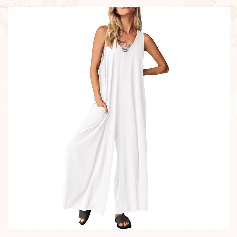 V-ringad ärmlös jumpsuit med vida ben för kvinnor