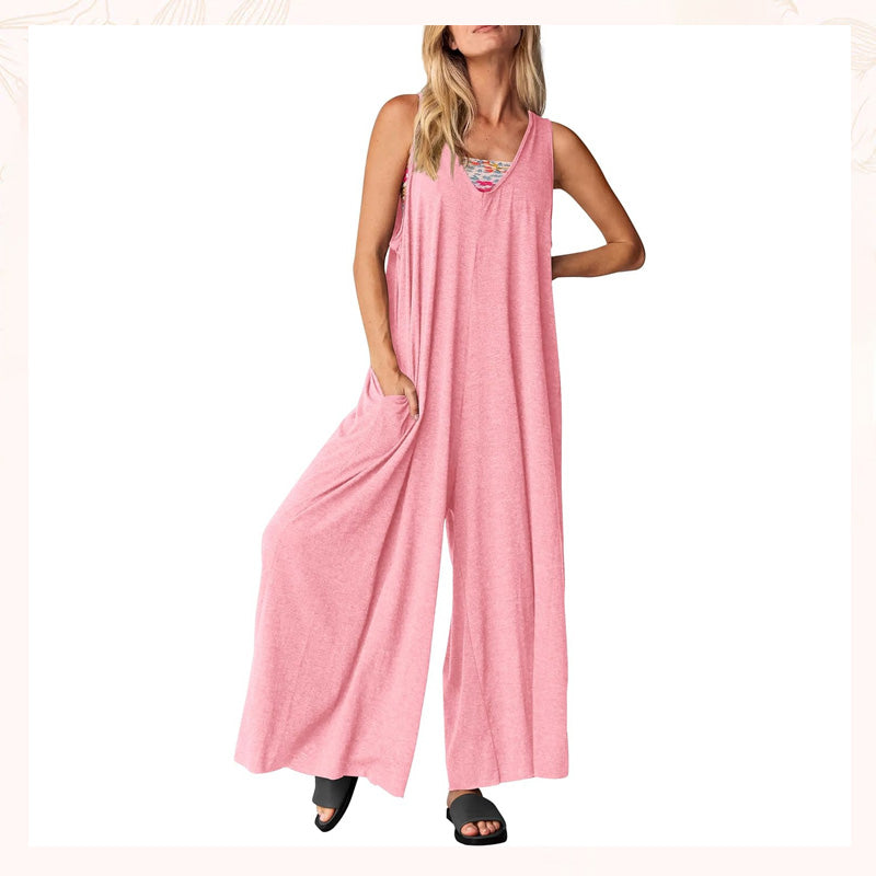 V-ringad ärmlös jumpsuit med vida ben för kvinnor