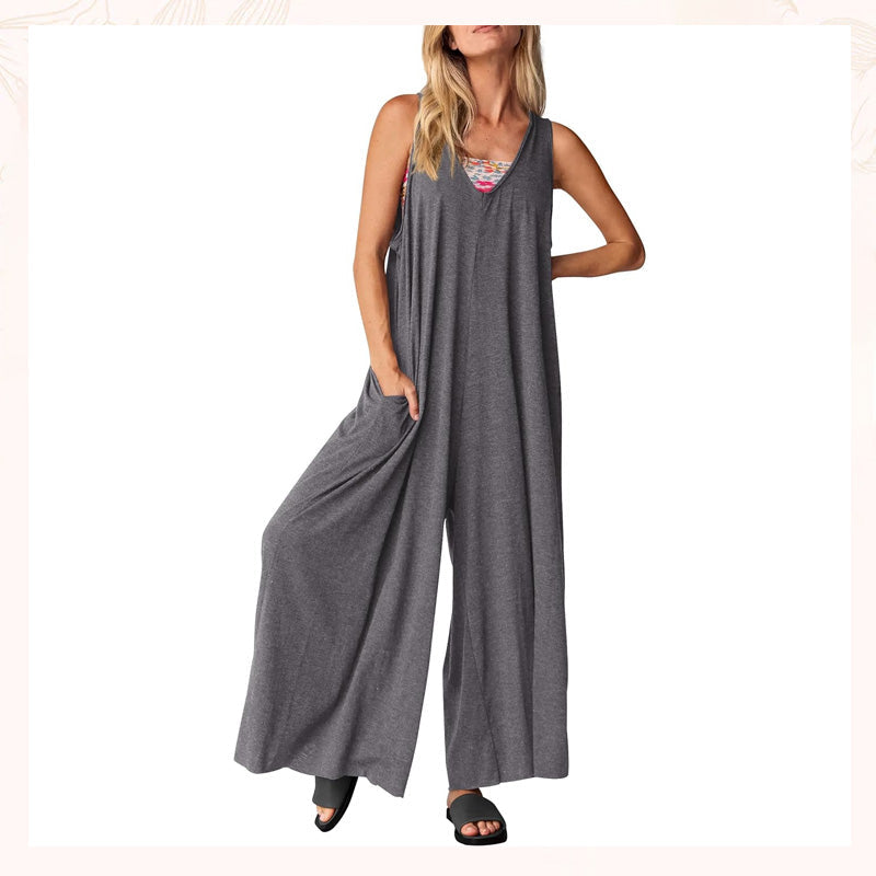 V-ringad ärmlös jumpsuit med vida ben för kvinnor