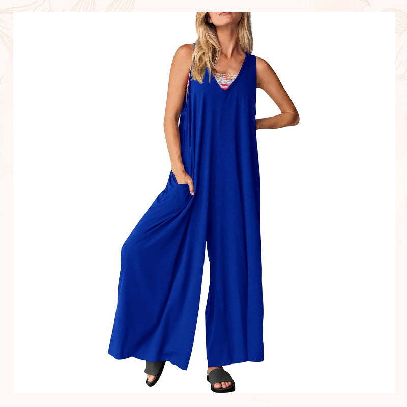 V-ringad ärmlös jumpsuit med vida ben för kvinnor