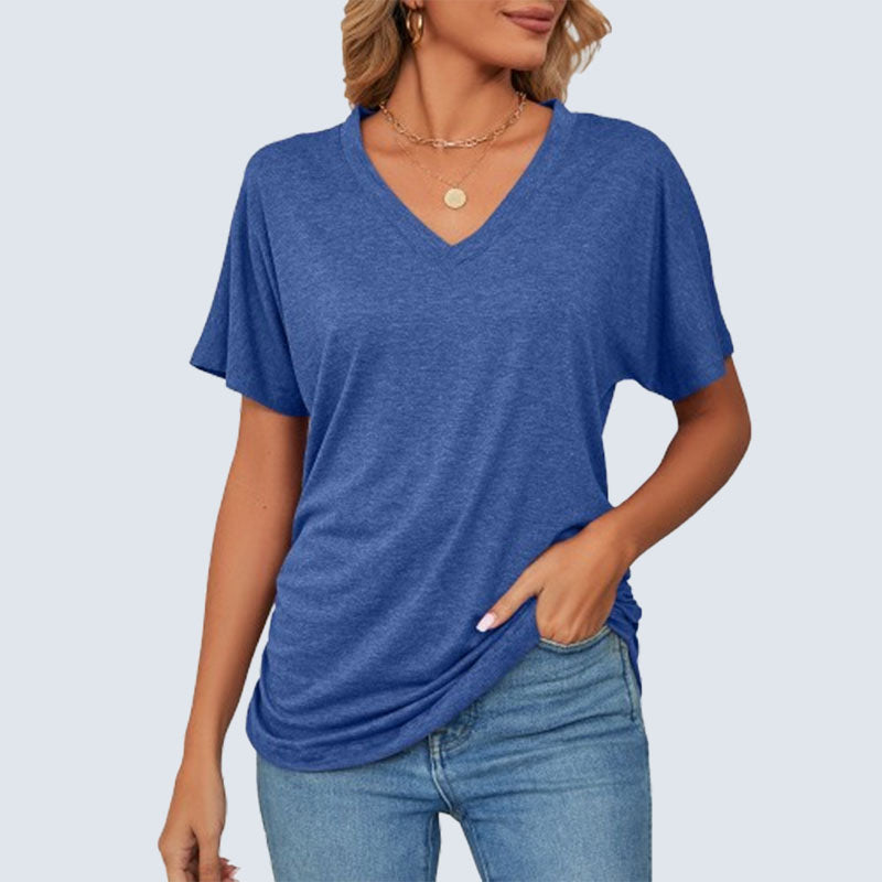 Sommarfärgad V-ringad lös t-shirt för kvinnor