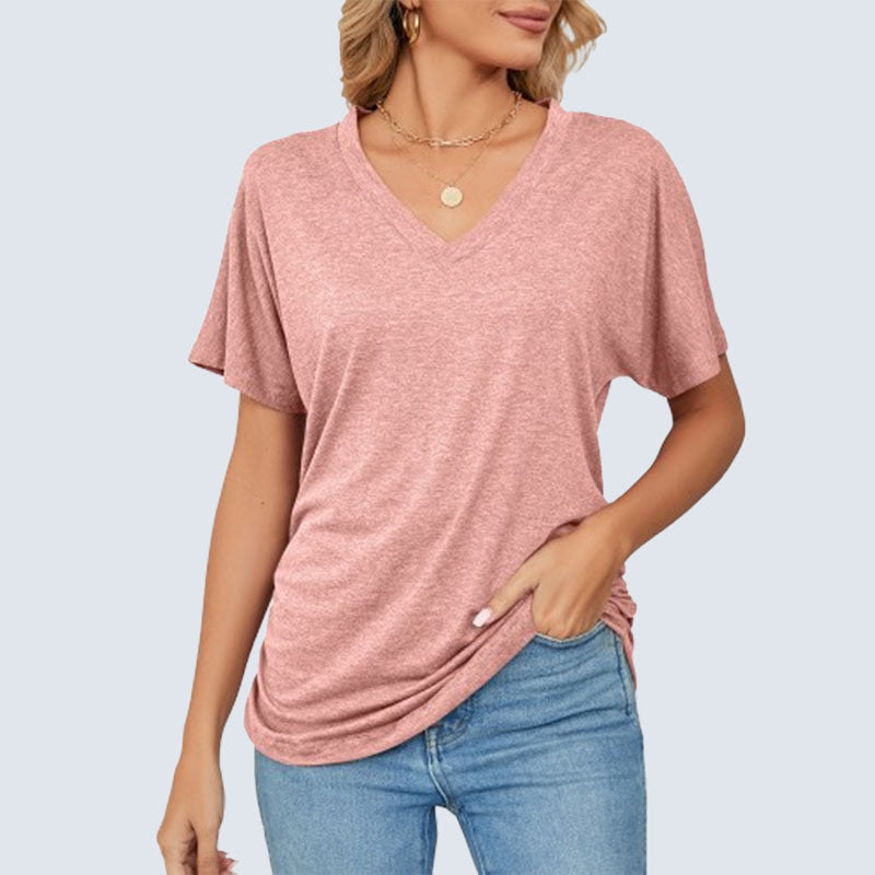 Sommarfärgad V-ringad lös t-shirt för kvinnor