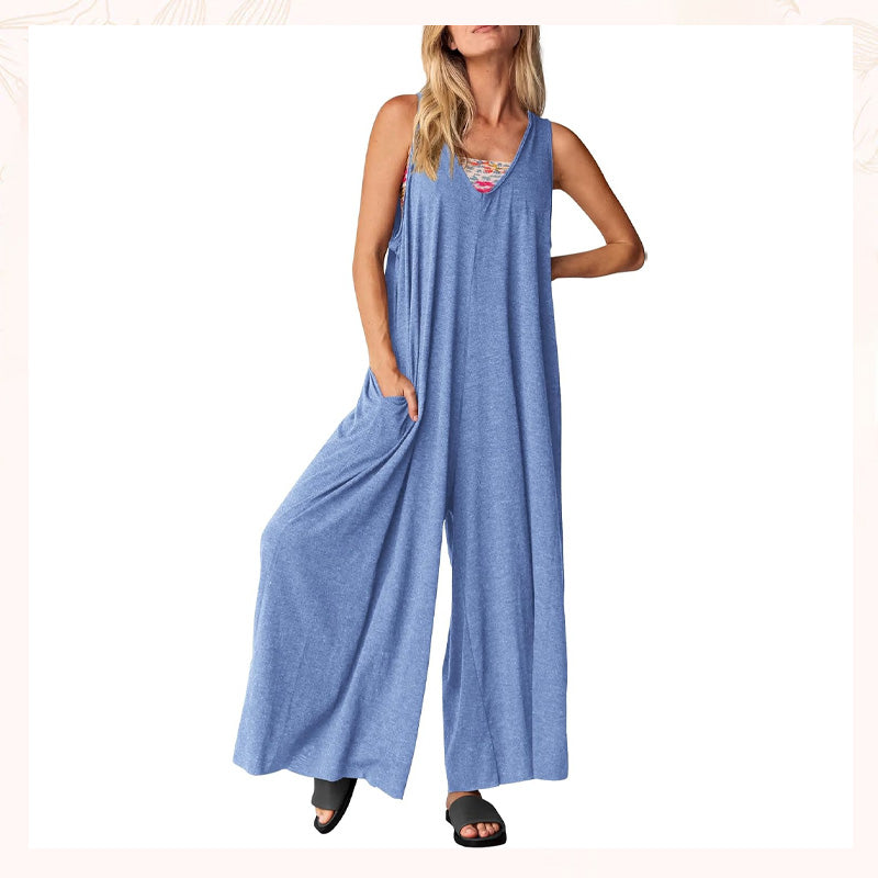 V-ringad ärmlös jumpsuit med vida ben för kvinnor