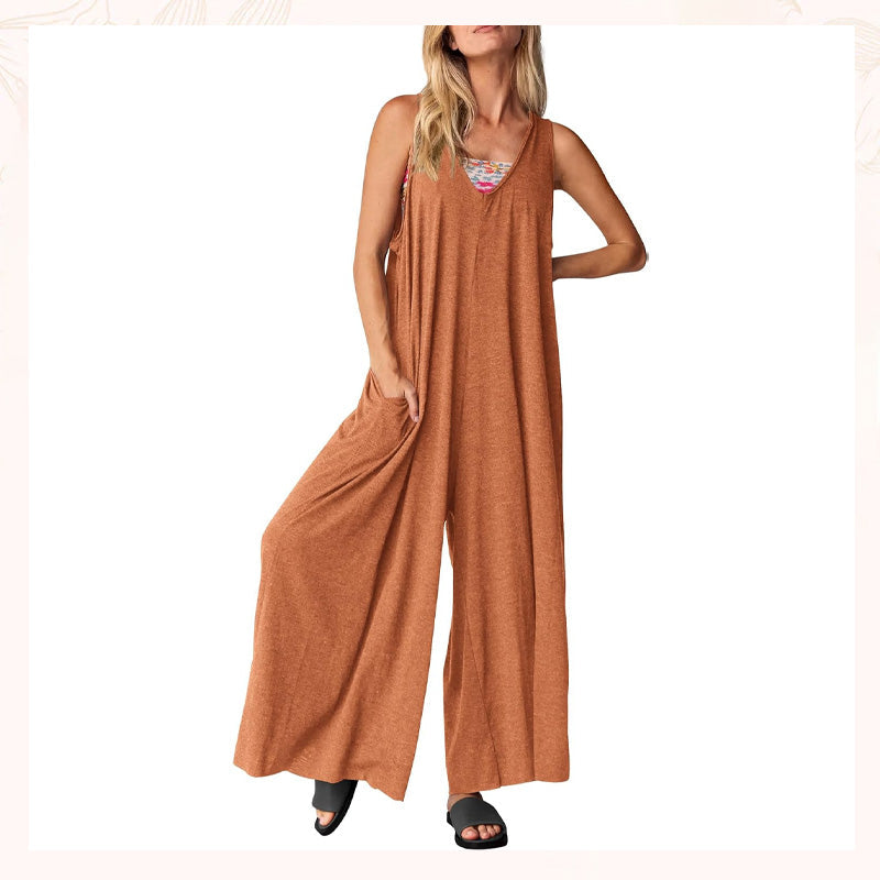 V-ringad ärmlös jumpsuit med vida ben för kvinnor