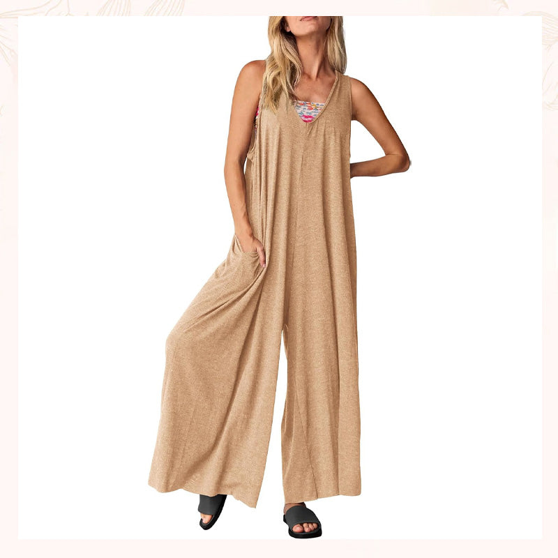V-ringad ärmlös jumpsuit med vida ben för kvinnor