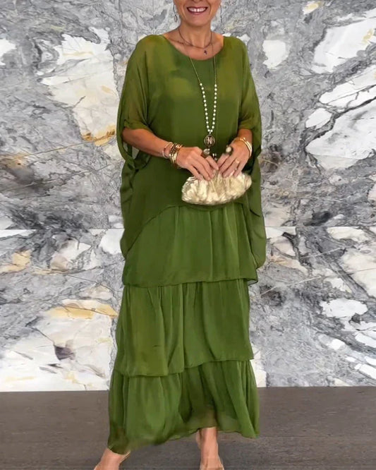 Konstnärlig lös klänning/ Chiffong ärmlös Dolmanärm rund hals lång klänning