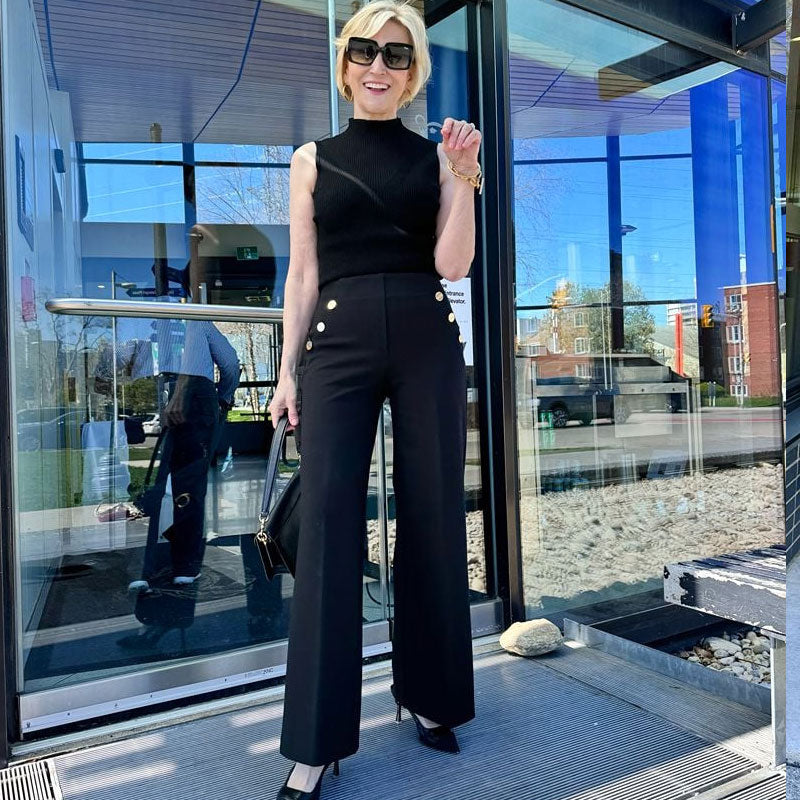 Hög Elastisk Knapp Med Breda Ben Slimbyxor Leggings