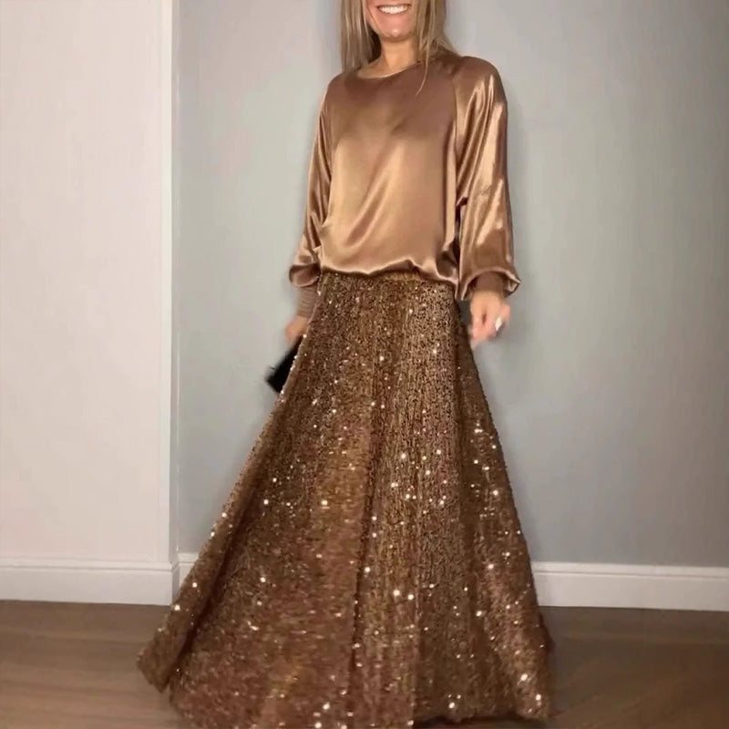 Damkläder med paljetter Rundhalsad satin topp + Kjol Set | Framför din elegans och stiliga charm✨