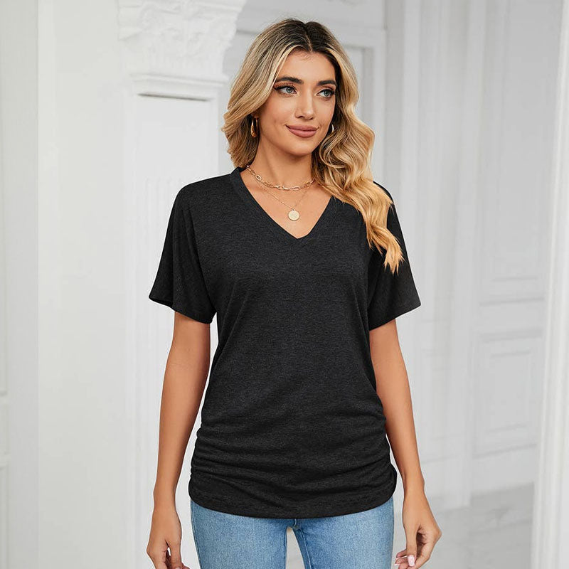 Sommarfärgad V-ringad lös t-shirt för kvinnor