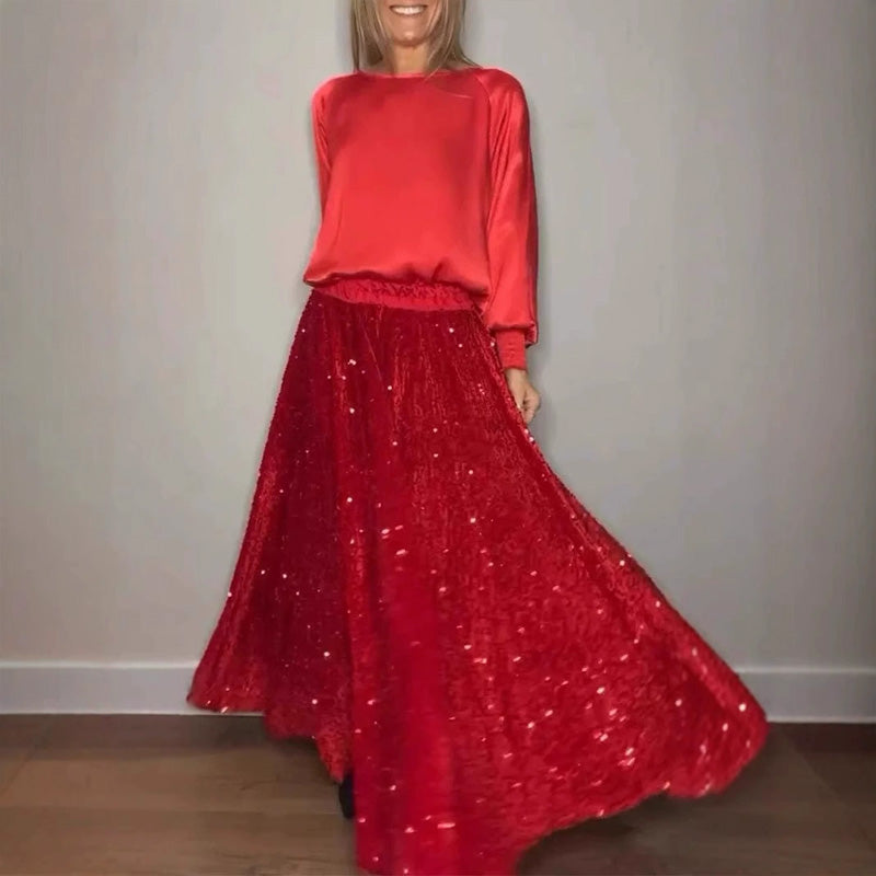 Damkläder med paljetter Rundhalsad satin topp + Kjol Set | Framför din elegans och stiliga charm✨