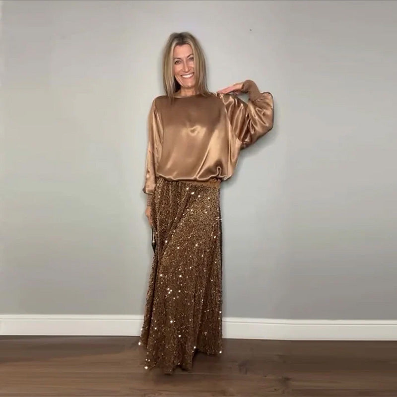 Damkläder med paljetter Rundhalsad satin topp + Kjol Set | Framför din elegans och stiliga charm✨