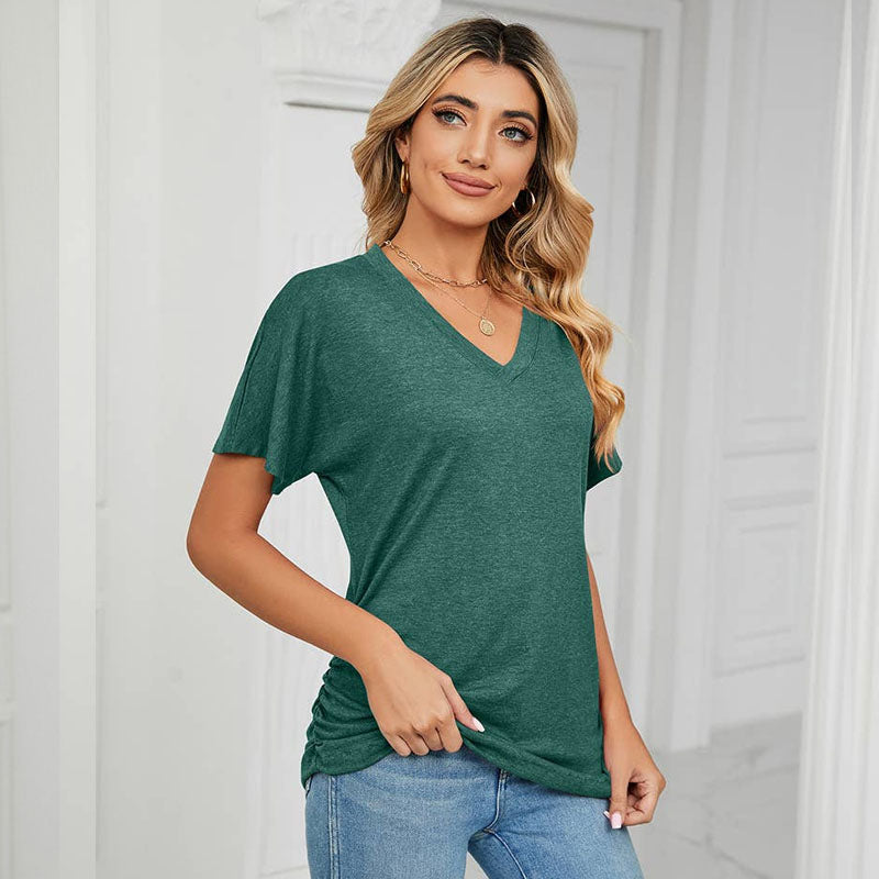 Sommarfärgad V-ringad lös t-shirt för kvinnor