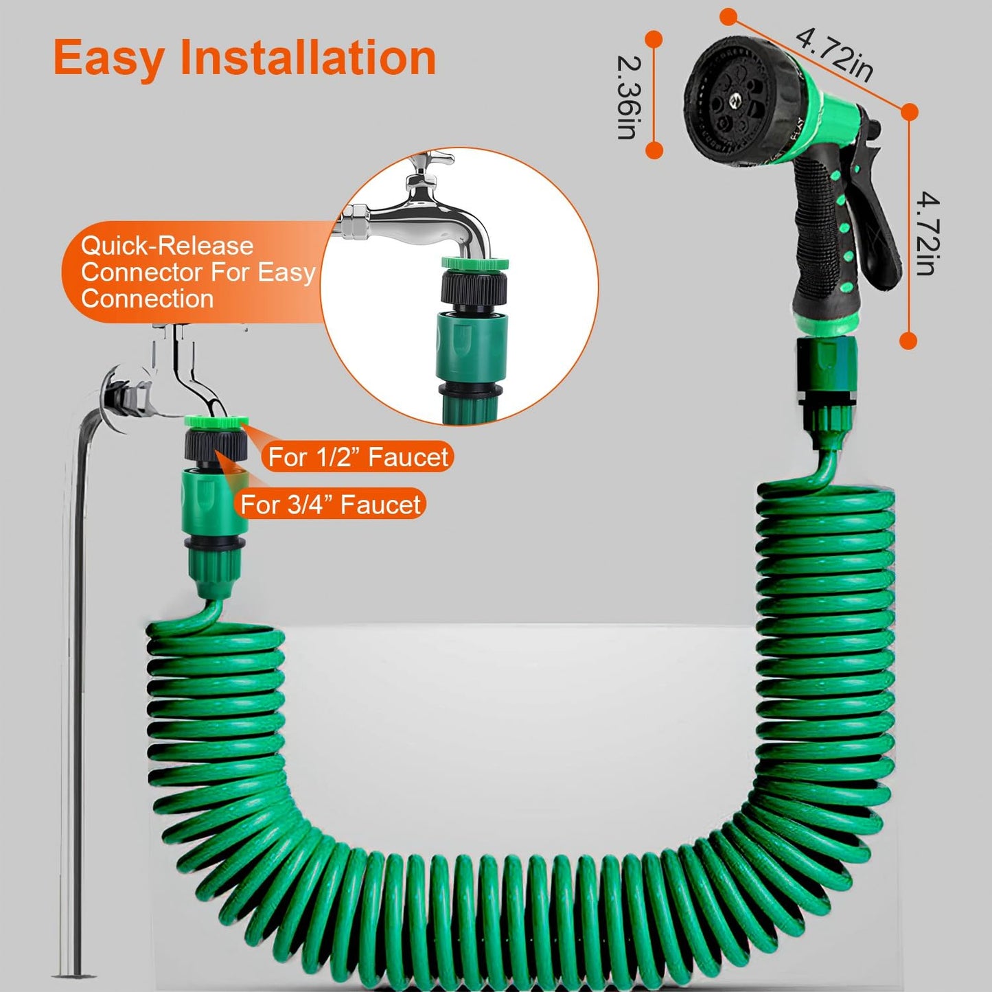 đŠ Flexibel sjĂ€lvlindande vattenslang med 3/4â och 1/2â adapter