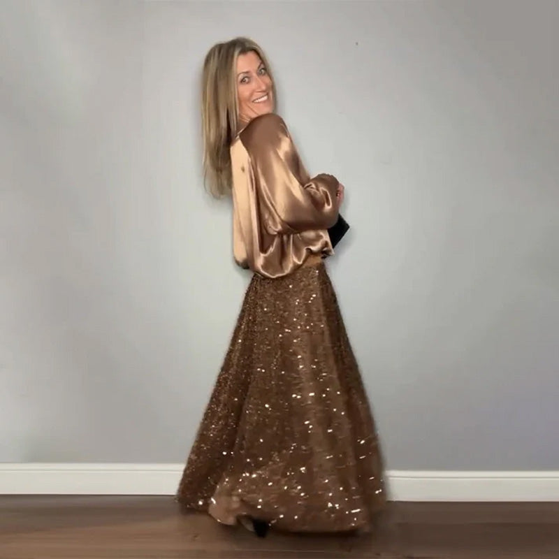 Damkläder med paljetter Rundhalsad satin topp + Kjol Set | Framför din elegans och stiliga charm✨