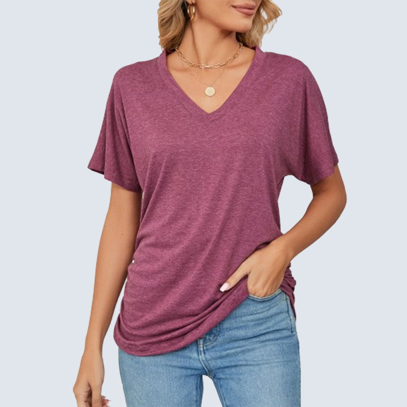 Sommarfärgad V-ringad lös t-shirt för kvinnor