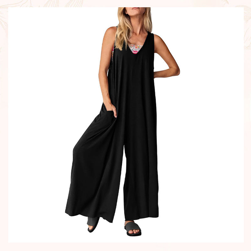 V-ringad ärmlös jumpsuit med vida ben för kvinnor