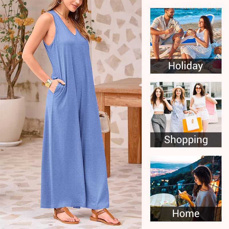 V-ringad ärmlös jumpsuit med vida ben för kvinnor
