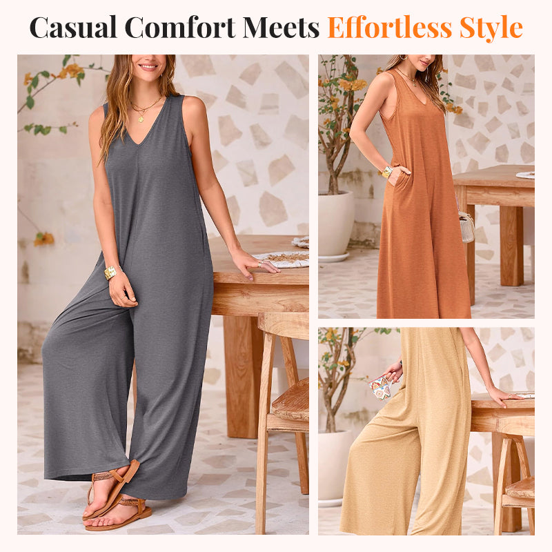 V-ringad ärmlös jumpsuit med vida ben för kvinnor