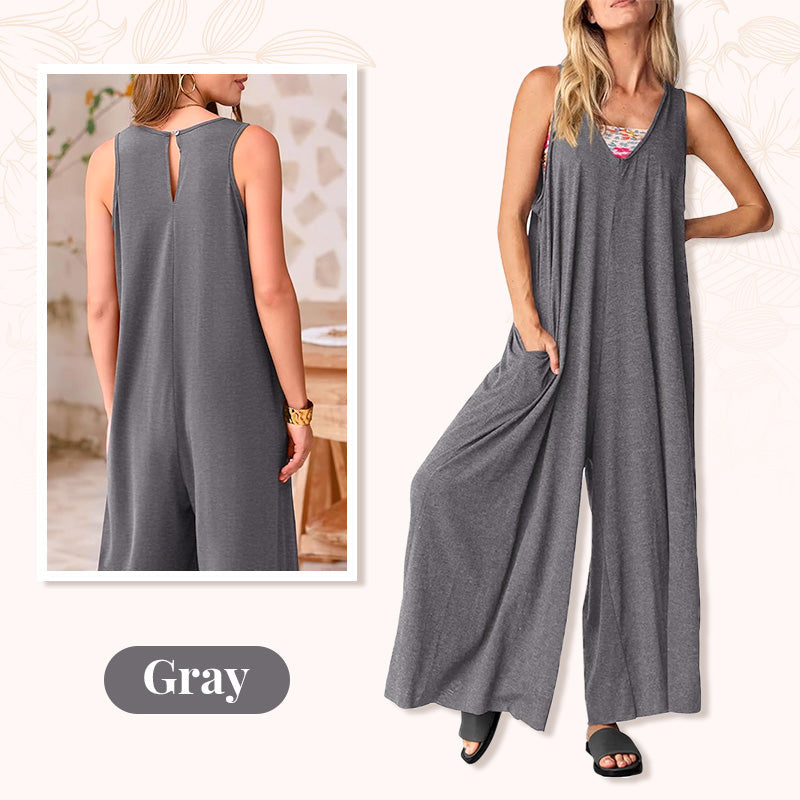 V-ringad ärmlös jumpsuit med vida ben för kvinnor