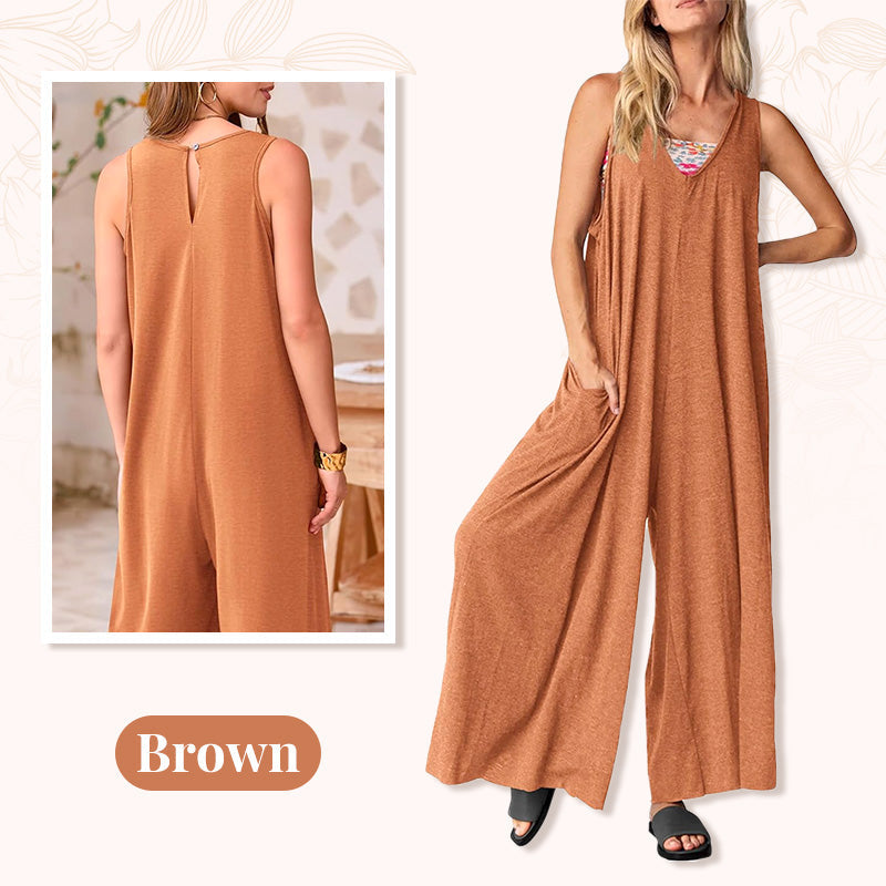 V-ringad ärmlös jumpsuit med vida ben för kvinnor