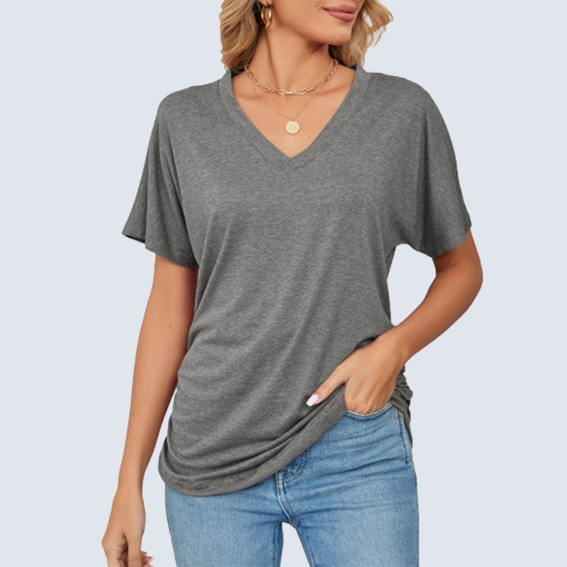 Sommarfärgad V-ringad lös t-shirt för kvinnor