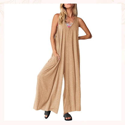V-ringad ärmlös jumpsuit med vida ben för kvinnor