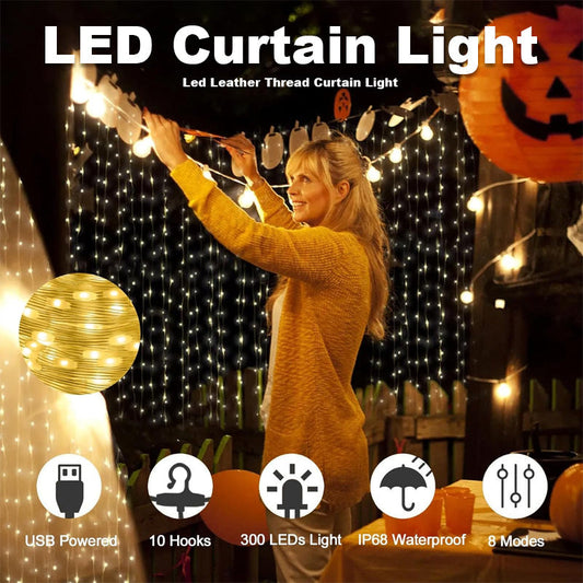 Led läder tråd gardin ljus