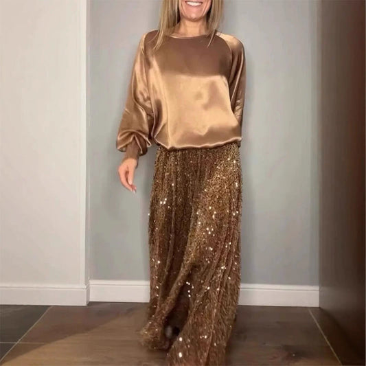 Damkläder med paljetter Rundhalsad satin topp + Kjol Set | Framför din elegans och stiliga charm✨