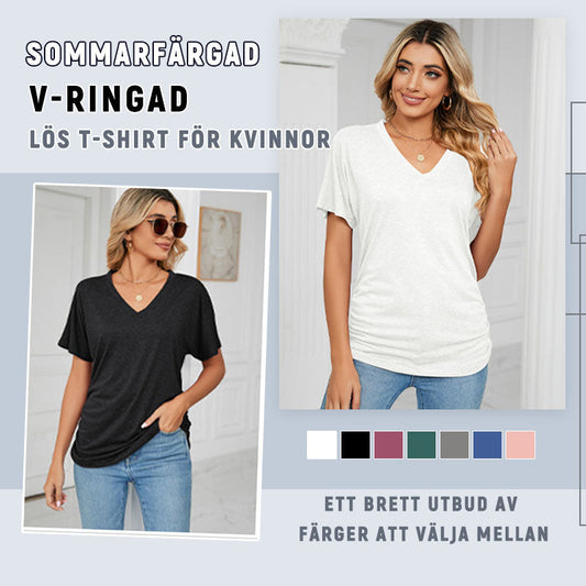 Sommarfärgad V-ringad lös t-shirt för kvinnor