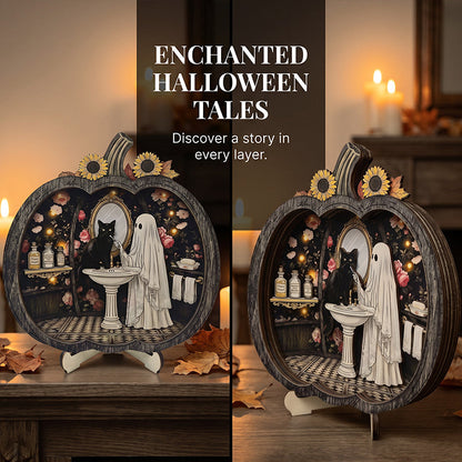 👻 Enchanting Halloween pumpkin decorations with ghosts | Cozy wooden table decorations with charming motifs
