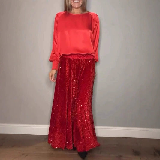 Damkläder med paljetter Rundhalsad satin topp + Kjol Set | Framför din elegans och stiliga charm✨
