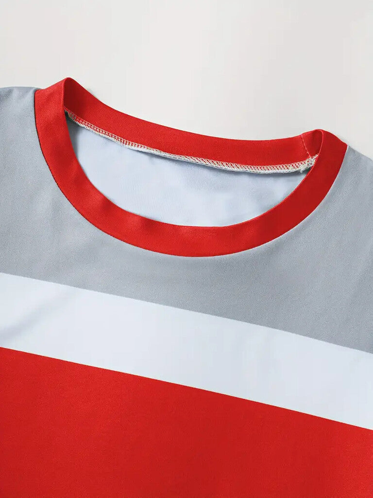 Stylish And Unique Striped Print Round-Neck Long-Sleeved Top And Long Pants Set.