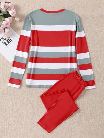 Stylish And Unique Striped Print Round-Neck Long-Sleeved Top And Long Pants Set.