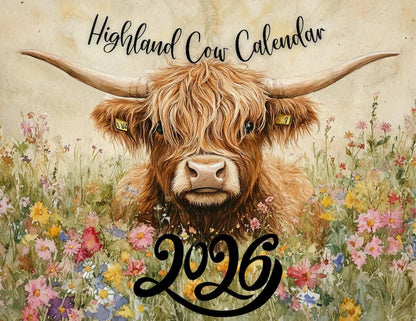 🐮Highland Cow Kalender 2026 – Rustik lantlig väggkonst & månadsplanerare