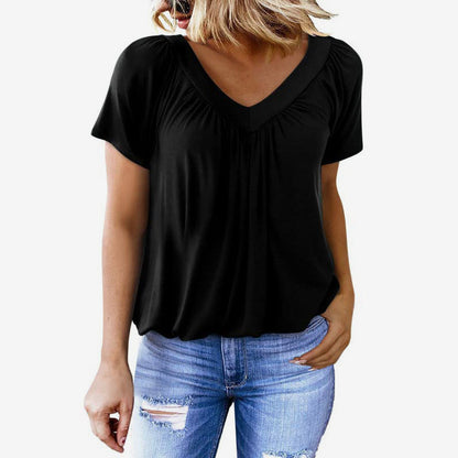 V-ringad plisserad kortärmad T-shirt för kvinnor
