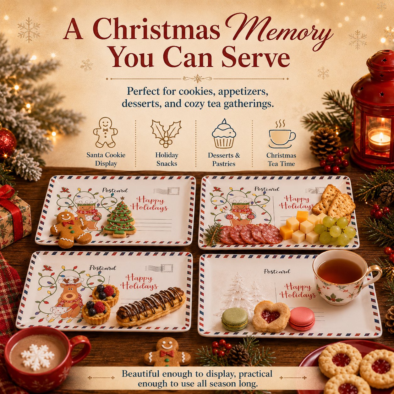 🎄🍪 Vintage Christmas Postcard Platter | Write Custom Holiday Messages, Serve Cookies & Festive Treats | Gift-Ready Packaging 🎅🎁