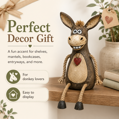 Rustic figurine of a donkey on a plank with rope legs hanging down