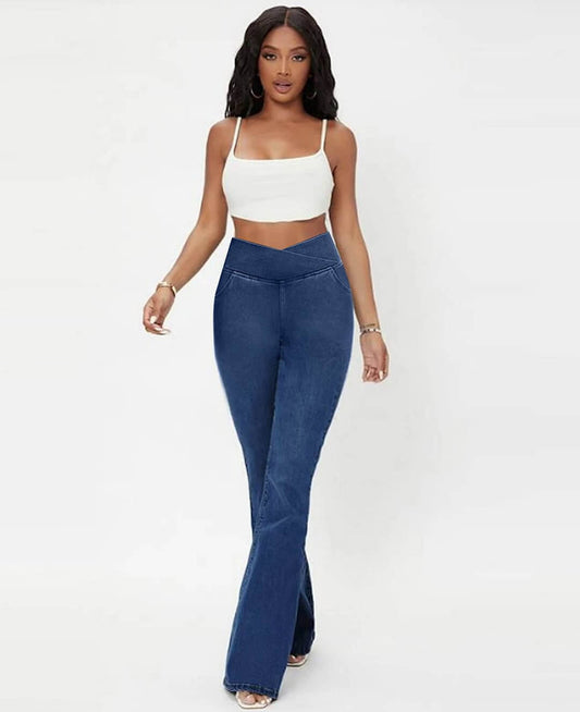LAST DAY SALE 49% OFF🔥Hög midja med korsade fickor Stretchig stickad casual flare jeans