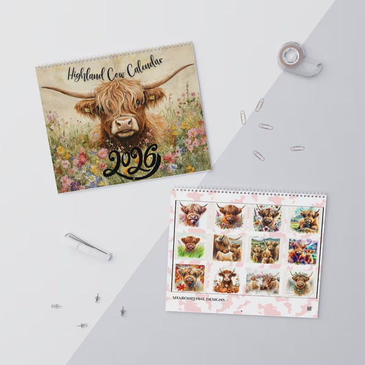 🐮Highland Cow Kalender 2026 – Rustik lantlig väggkonst & månadsplanerare